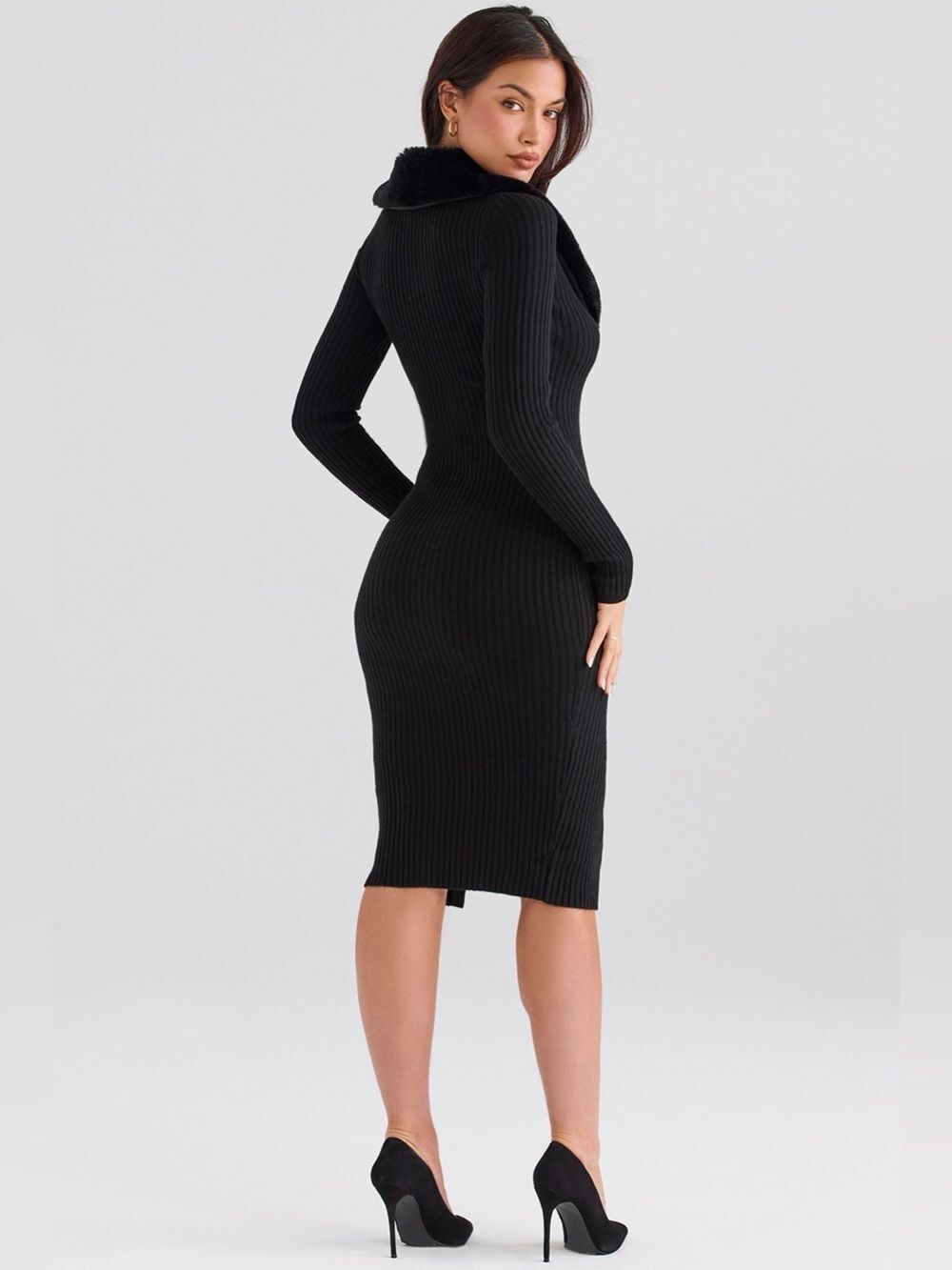 House of CB Black Faux Fur Trim Ribbed Bodycon Long Sleeve Dress Small DS3 - Picture 3 of 13